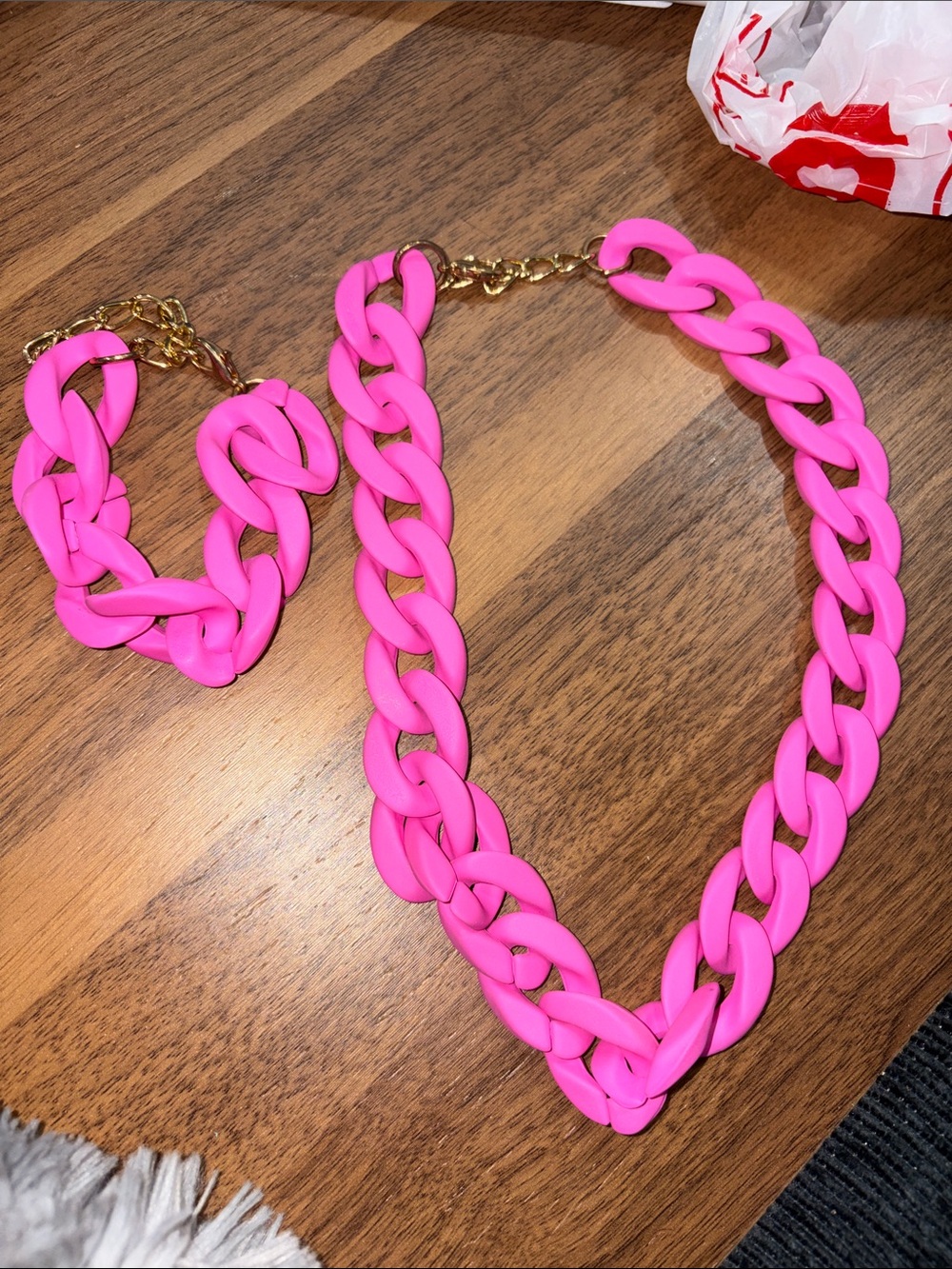 22-Pink Chunky Chain Necklace and Bracelet Set